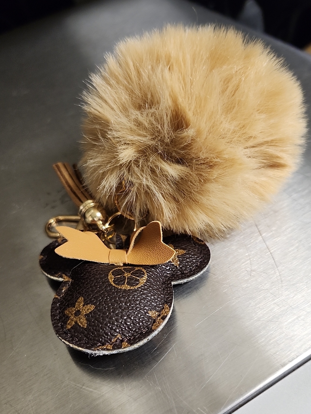 Unbranded Faux Fur Pom Pom Keychain with Brown Bow Accent